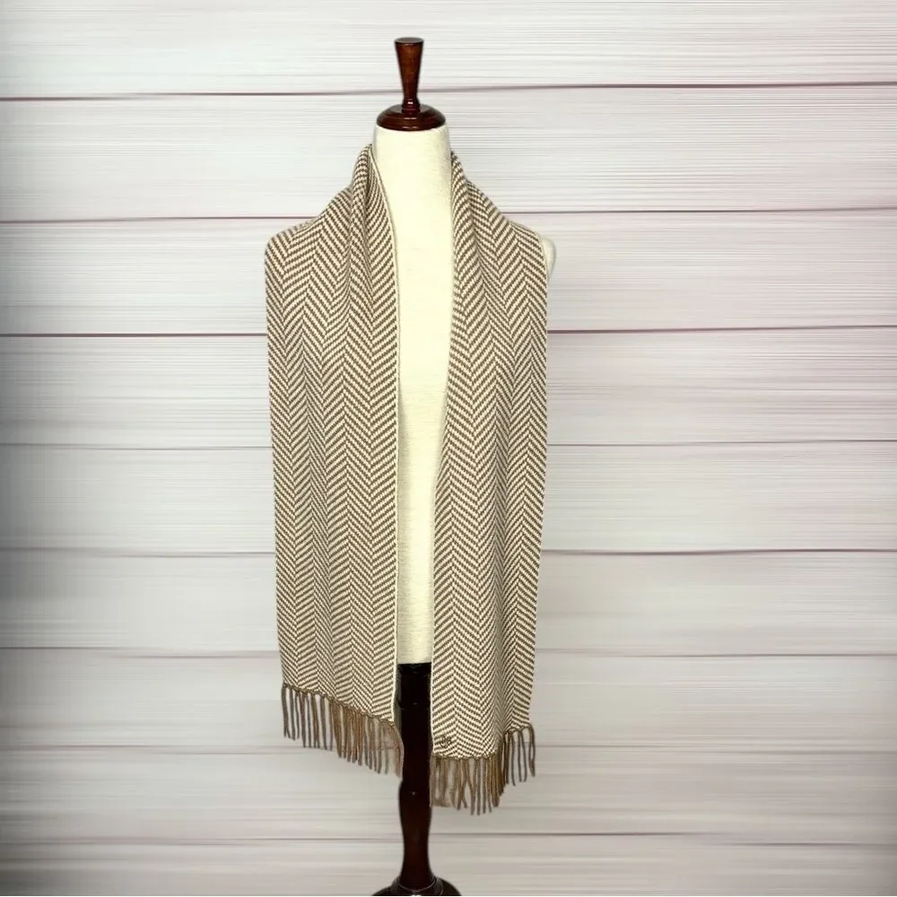 Lauren Ralph Lauren Wool Herringbone Scarf Tan Beige With Fridges Men's Women's